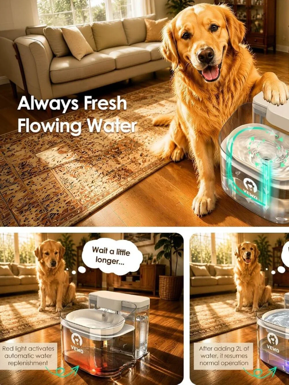 VEWO W16-L 11L Large Dog Water Fountain No Spill Automatic Dispenser White NEW